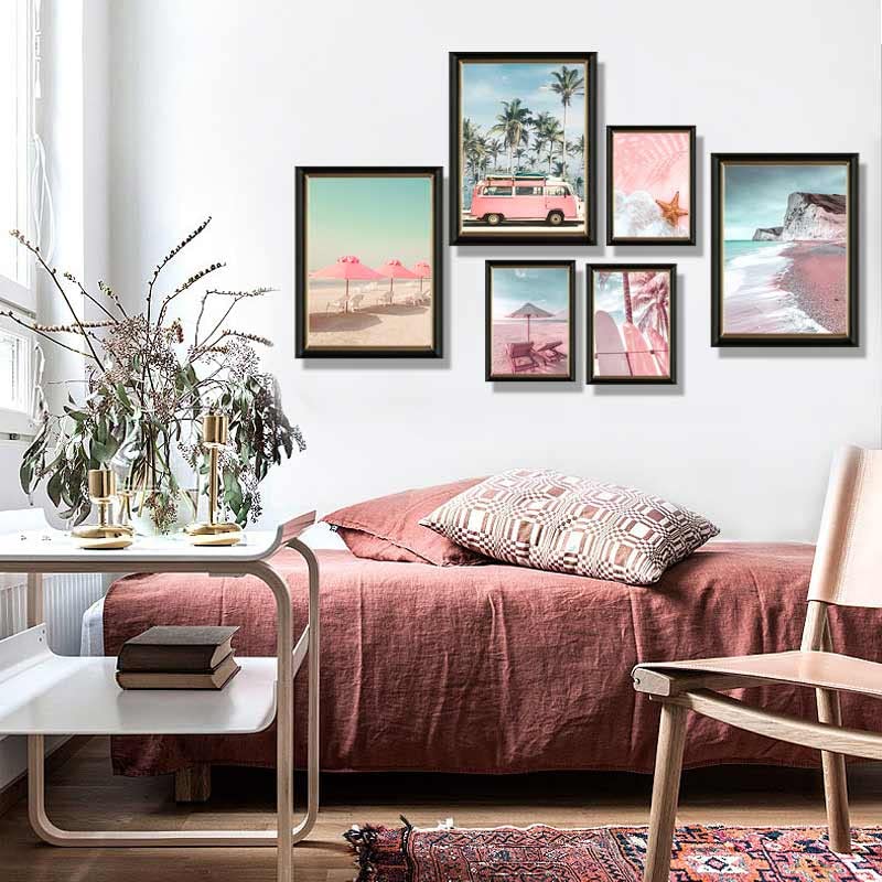 6 Set Large Beach Wall Art for living Room Bathroom Pink and Blue